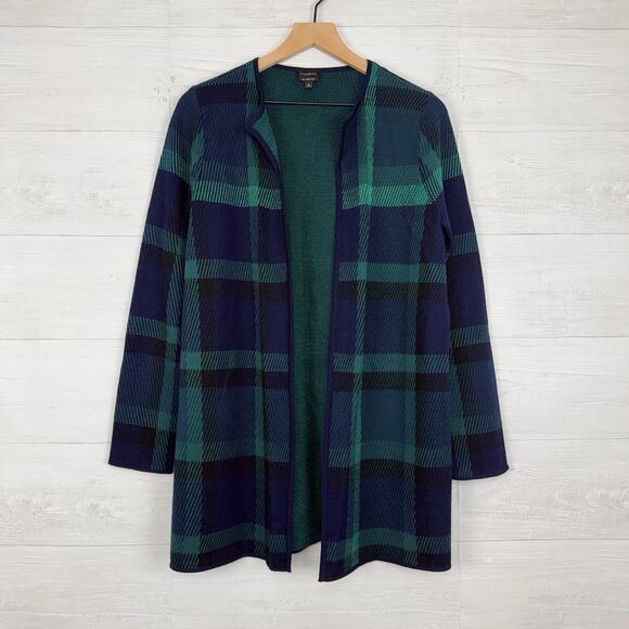 Talbots Pure Merino Wool Cardigan Large Green Tartan Plaid Preppy Open Front - Picture 15 of 15